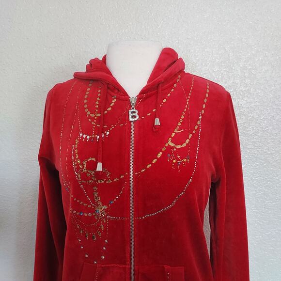 Y2K BCBG Maxazria Red Velour Zip Hoodie w/Rhinestones Size L - Picture 2 of 13